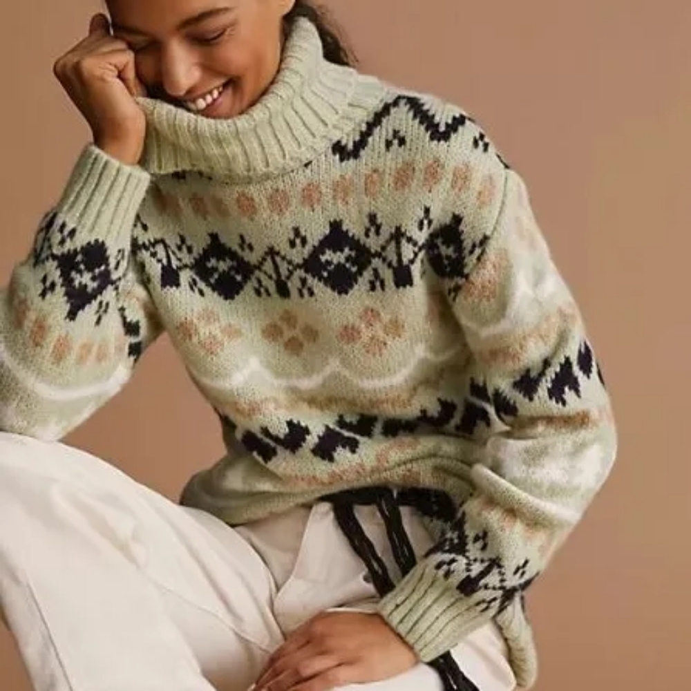 Anthropologie Fair Isle Chunky Knit Mint Green Tunic Turtleneck Sweater